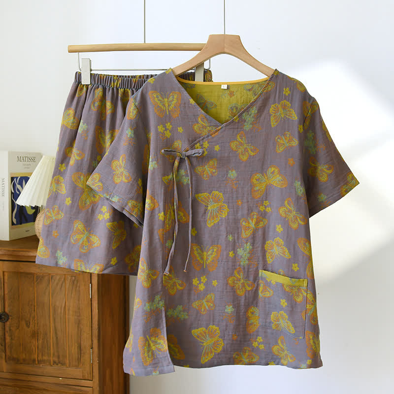 Vintage Butterfly Cotton Gauze V-neck Pajama Set - XL - image 0
