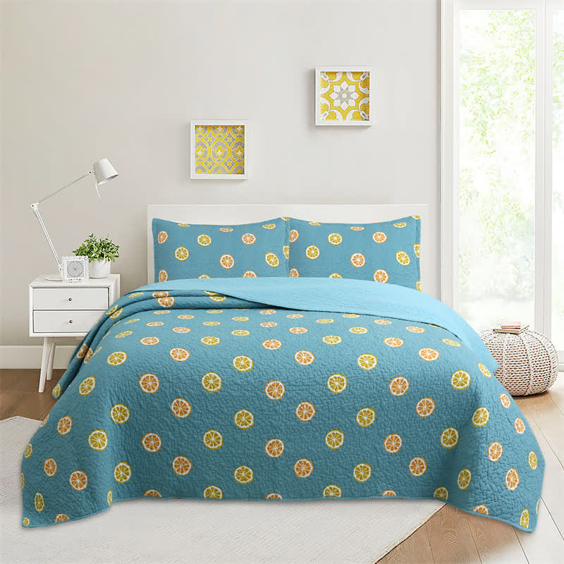Fresh Lemon Print Cotton Quilt - Blue - Queen - image 0