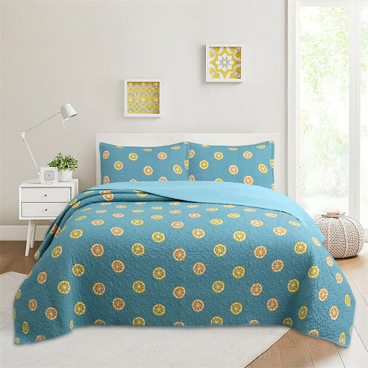 Fresh Lemon Print Cotton Quilt - Blue - Queen - image 0