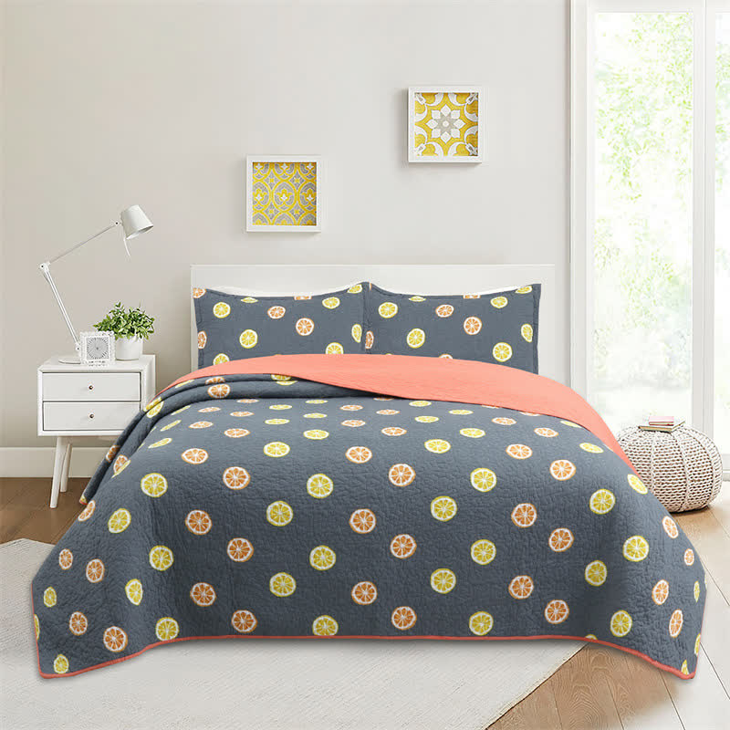 Fresh Lemon Print Cotton Quilt - Dark Grey - Queen - image 7