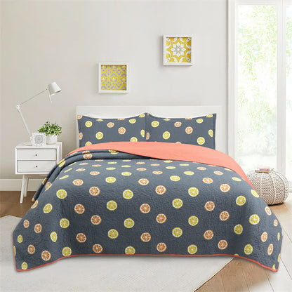 Fresh Lemon Print Cotton Quilt - Dark Grey - Queen - image 7