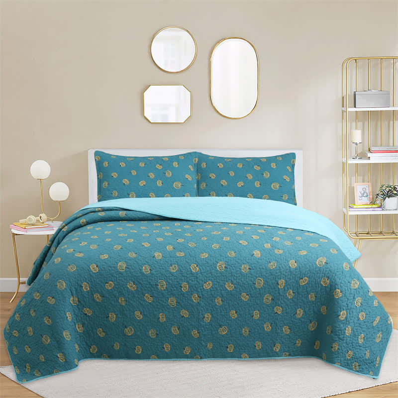 Fresh Orange Print Cotton Quilt - Blue - Queen - image 7