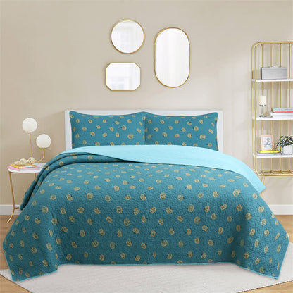 Fresh Orange Print Cotton Quilt - Blue - Queen - image 7