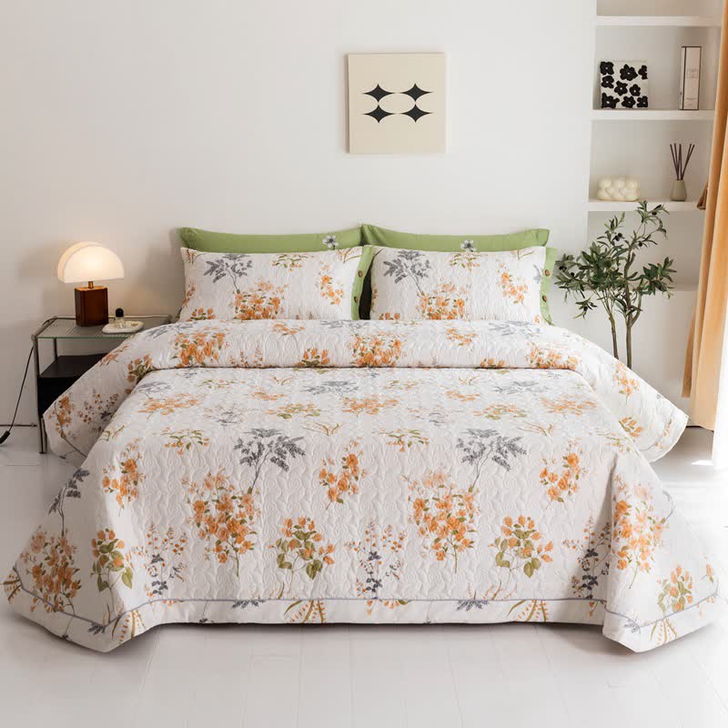 Orange Floral Botanical Print Cotton Quilt - Quilt with 2PCS Pillowcases - King - image 0