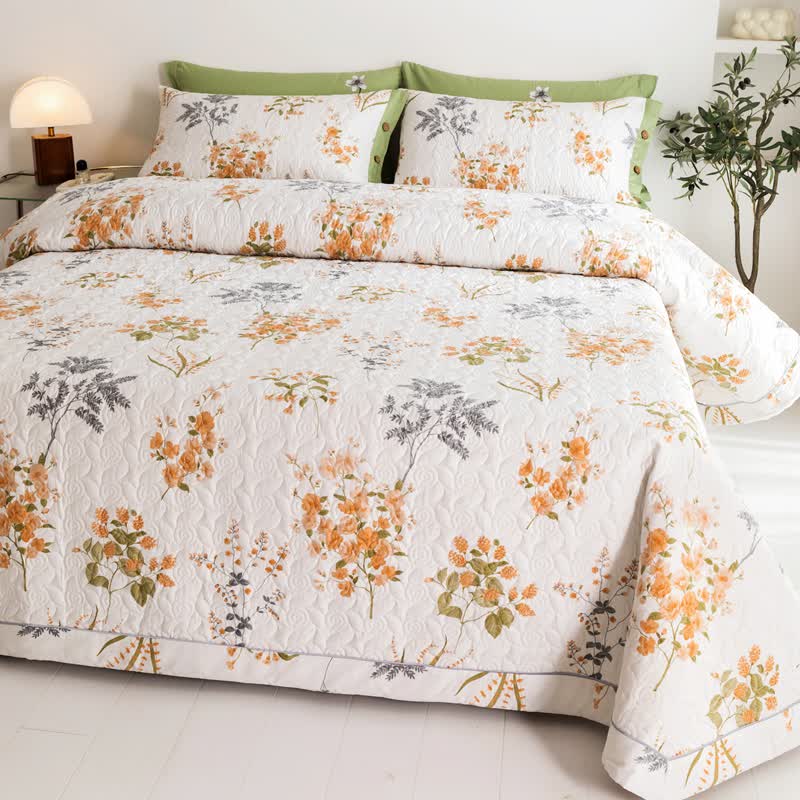 Orange Floral Botanical Print Cotton Quilt - image 1