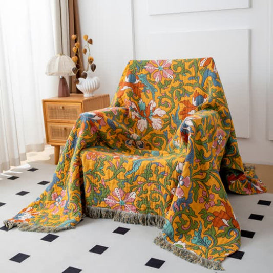 Vintage Floral Cotton Reversible Tassel Blanket - image 0