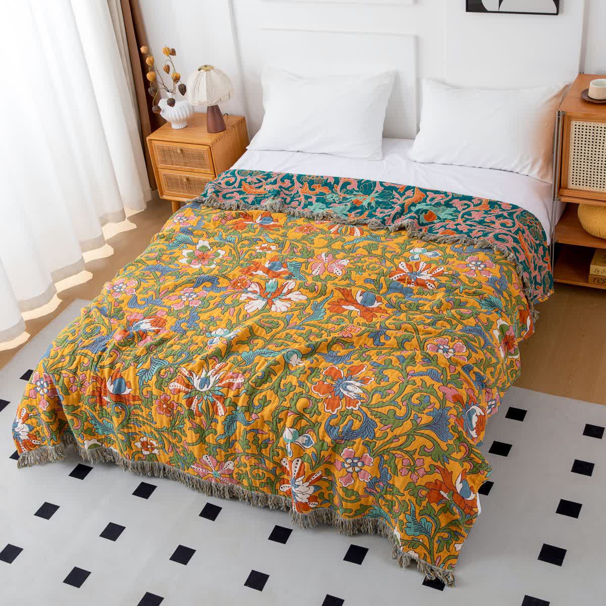 Vintage Floral Cotton Reversible Tassel Blanket - image 4