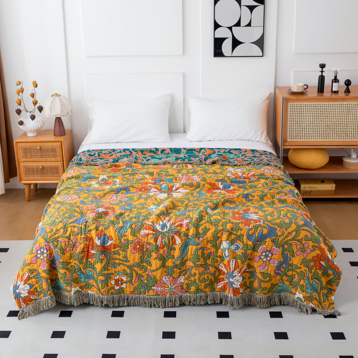 Vintage Floral Cotton Reversible Tassel Blanket - image 3