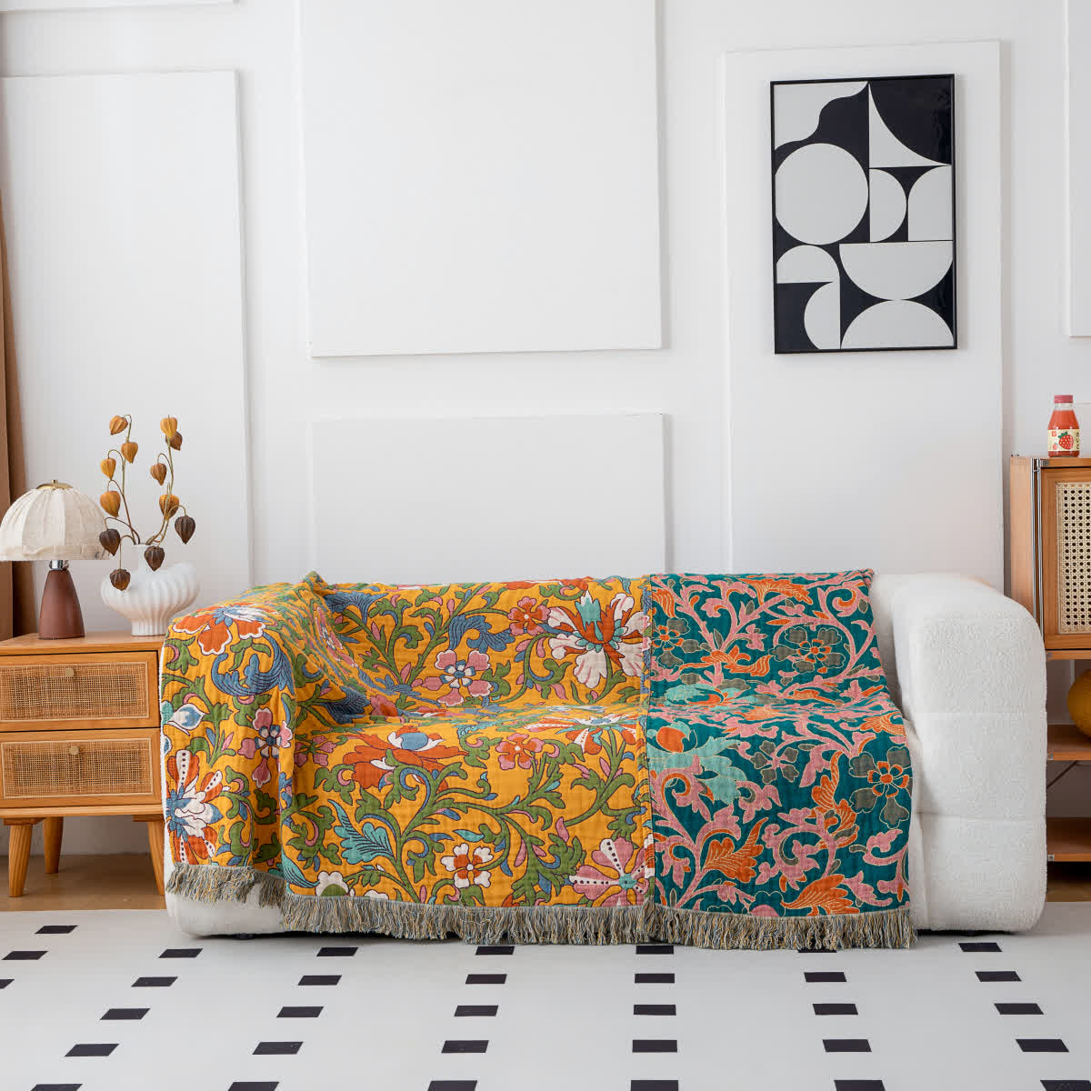 Vintage Floral Cotton Reversible Tassel Blanket - image 2