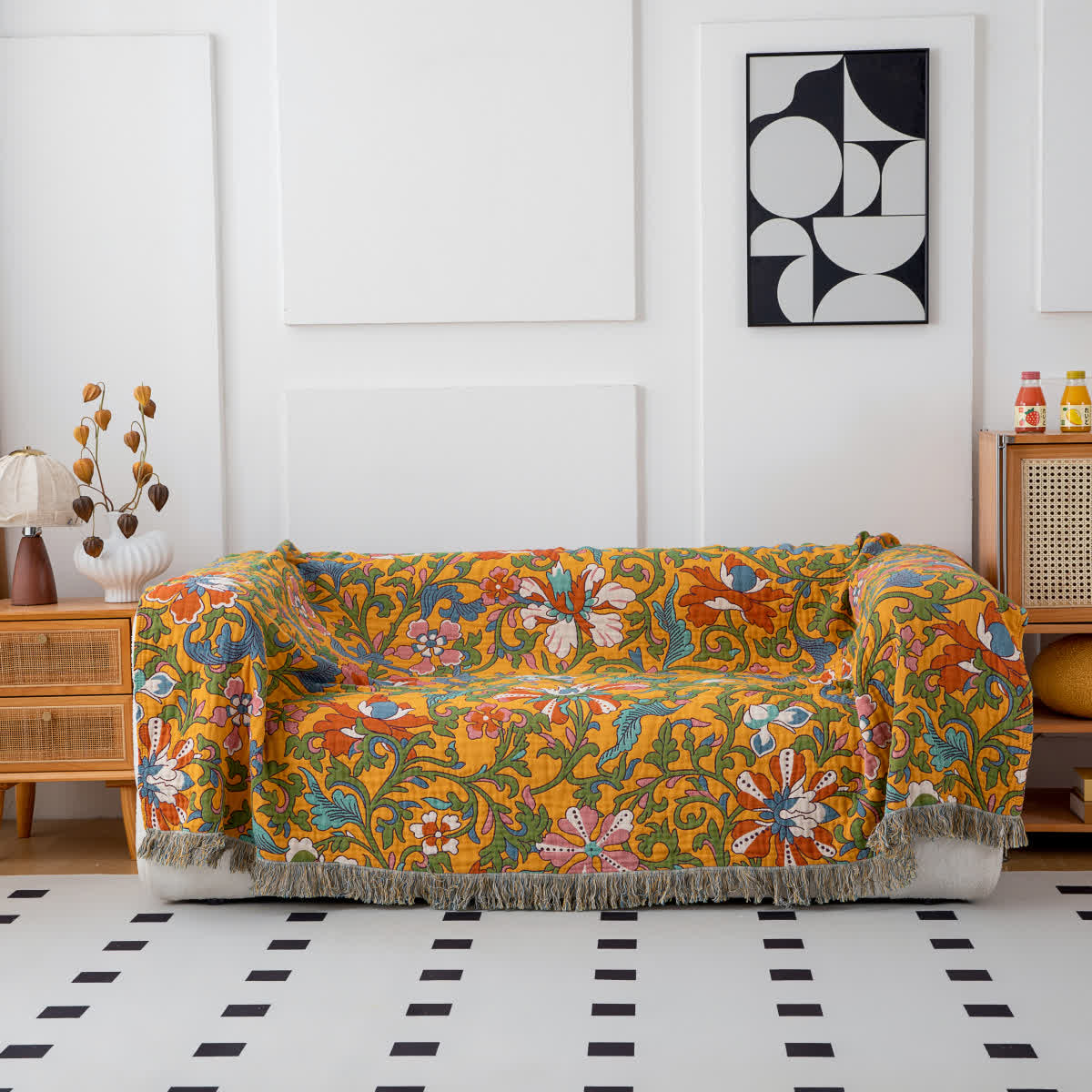 Vintage Floral Cotton Reversible Tassel Blanket - 90" x 98" - image 1