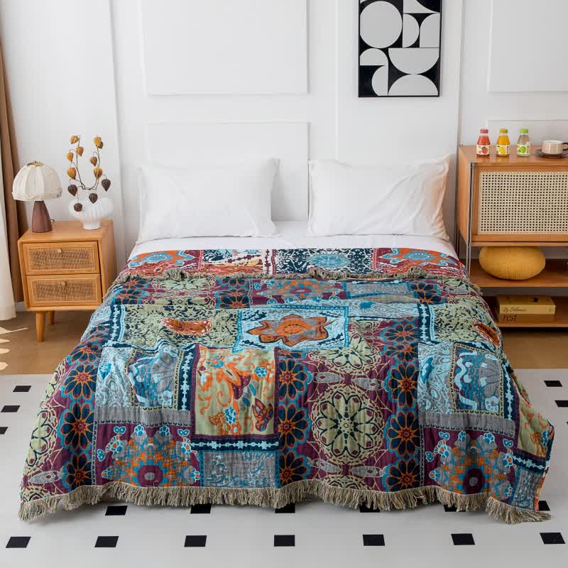 Boho Blue Floral Cotton Reversible Tassel Blanket - image 2