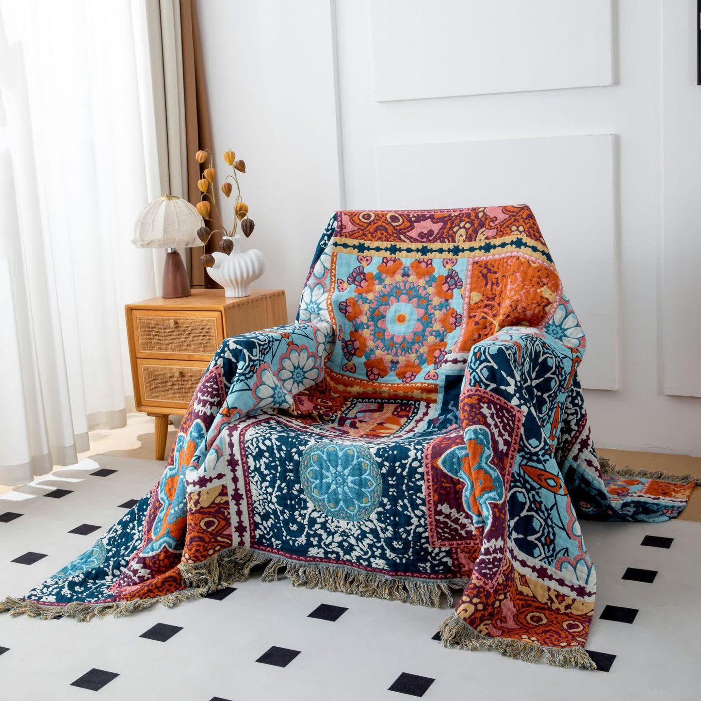 Boho Blue Floral Cotton Reversible Tassel Quilt - image 4