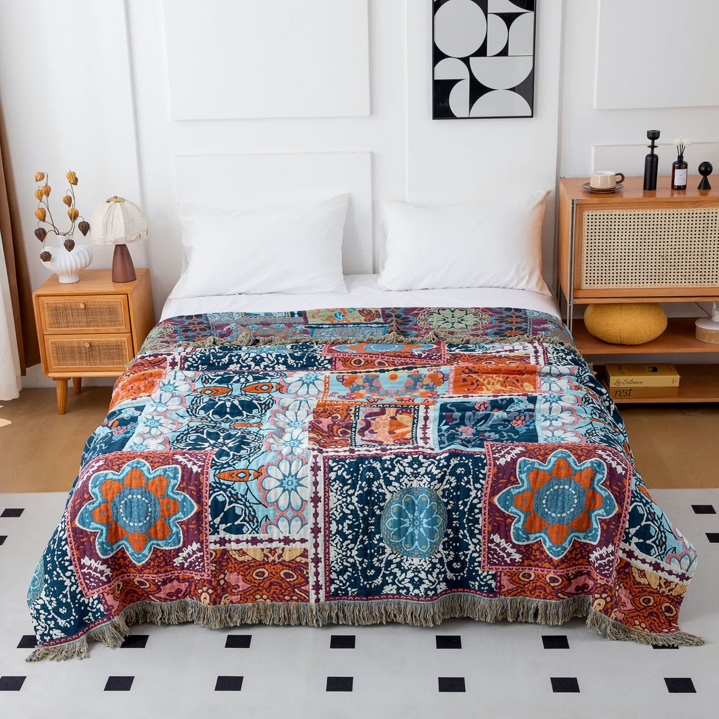 Boho Blue Floral Cotton Reversible Tassel Quilt - image 1