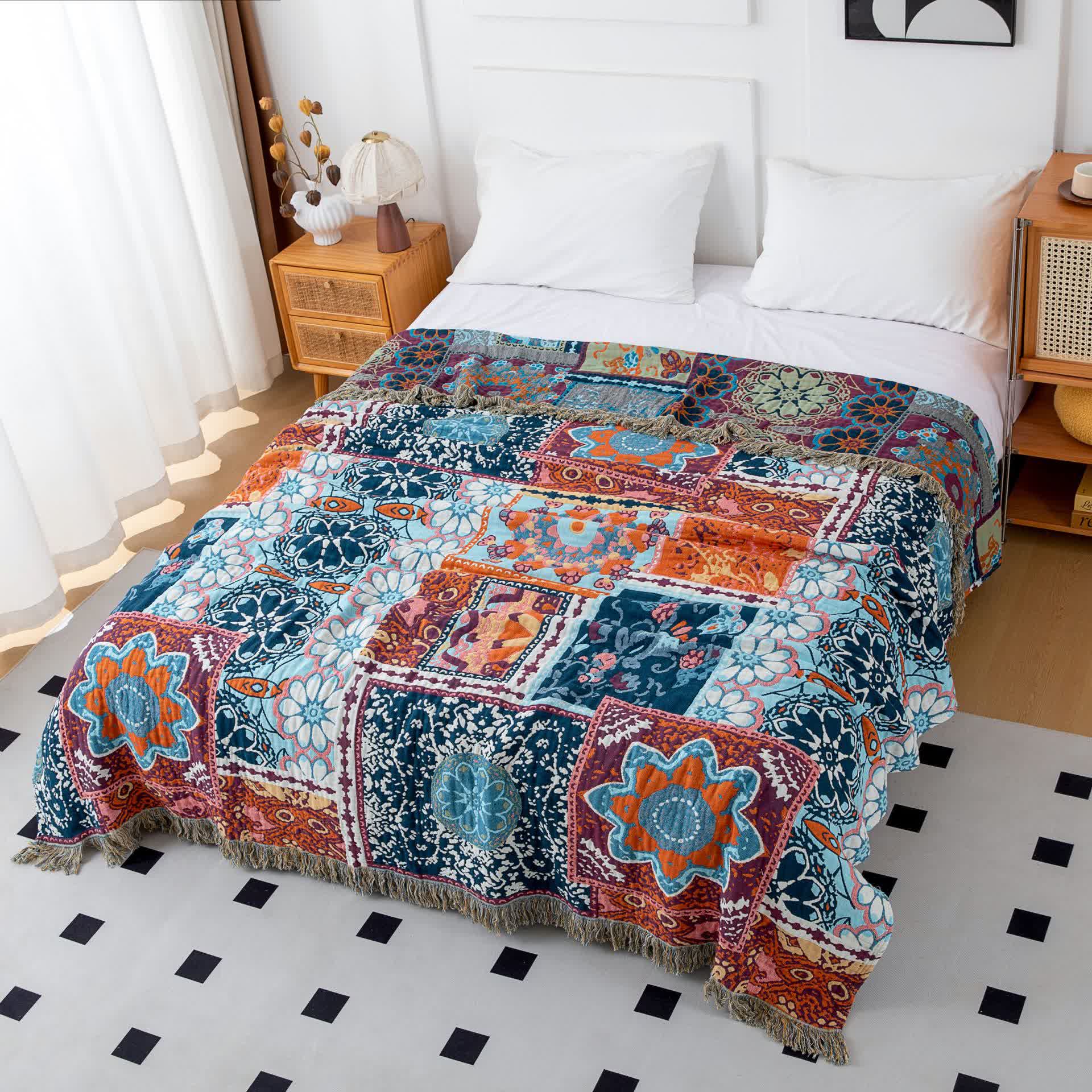 Boho Blue Floral Cotton Reversible Tassel Quilt - image 2