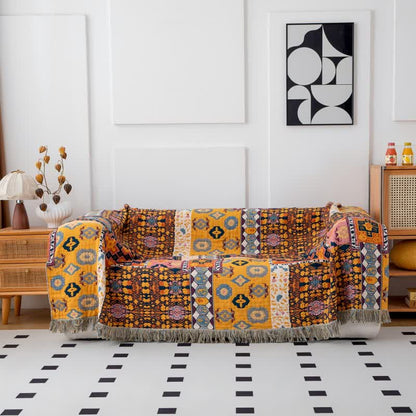 Boho Art Patchwork Cotton Reversible Tassel Blanket - 90" x 98" - image 1