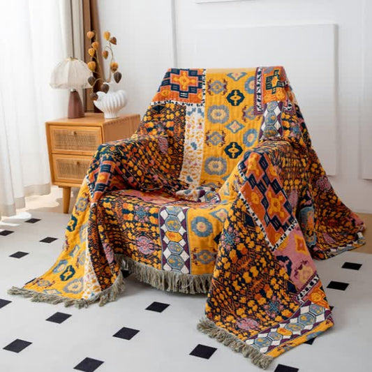 Boho Art Patchwork Cotton Reversible Tassel Blanket - image 0