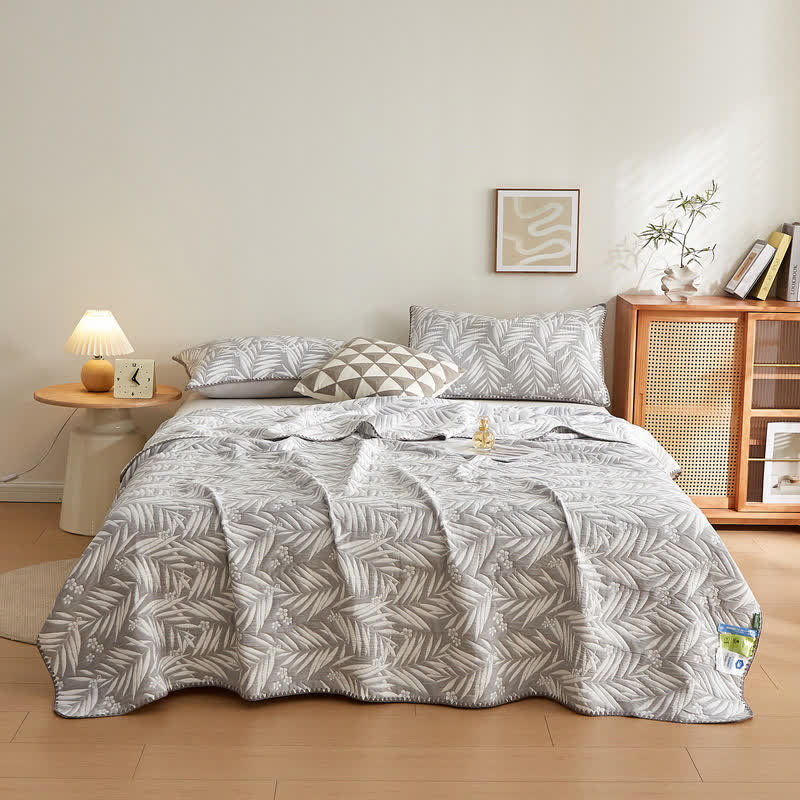 Elegant Leaf Cotton Double Layer Gauze Reversible Quilt - Grey - 2PCS Pillowcases - 19" x 29" - image 4