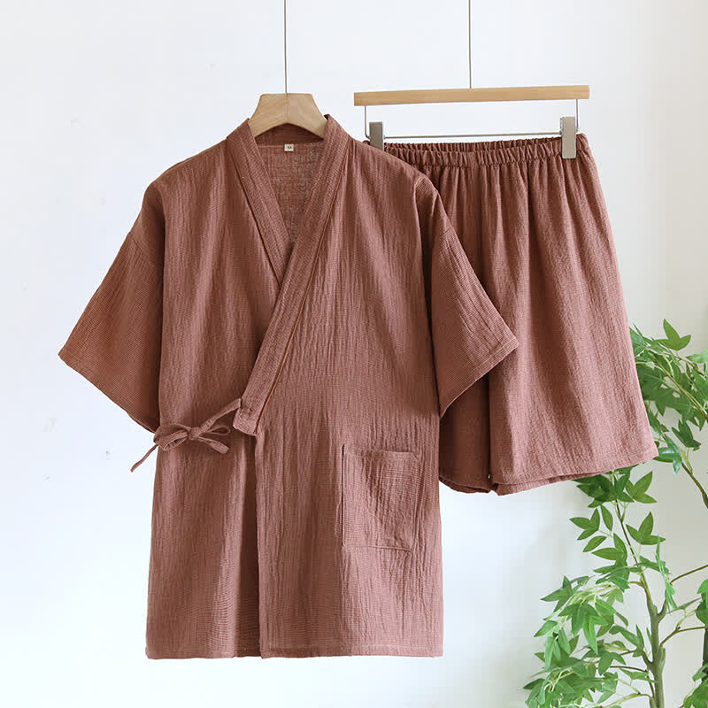 Unisex Cotton Gauze Kimono Pajama Set - Dark Red - XL - image 3