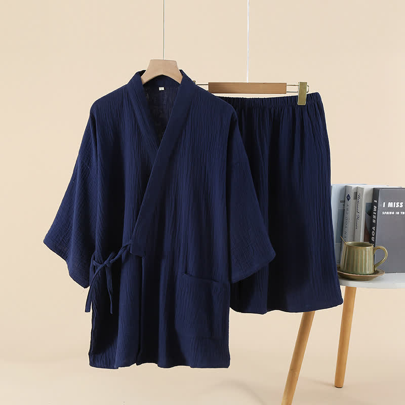 Unisex Solid Color Cotton Gauze Kimono Pajama Set - Navy Blue - XL - image 1