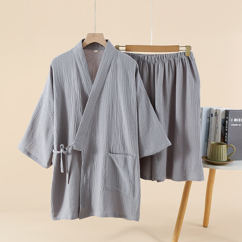 Unisex Solid Color Cotton Gauze Kimono Pajama Set - Grey - XL - image 4