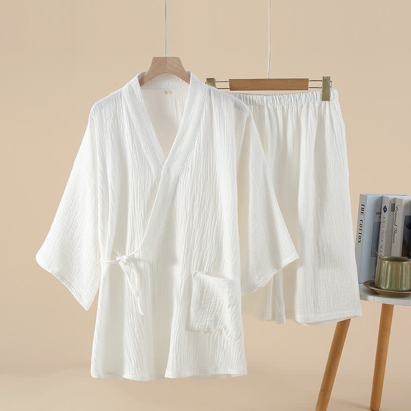 Unisex Solid Color Cotton Gauze Kimono Pajama Set - White - XL - image 2