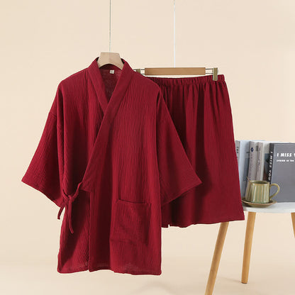 Unisex Solid Color Cotton Gauze Kimono Pajama Set - Red - XL - image 3