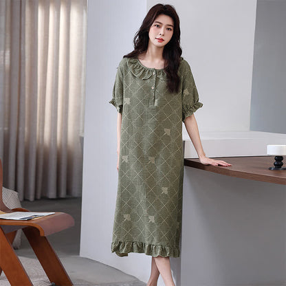 Check Pattern Cotton Gauze Jacquard Nightdress - Green - L - image 3