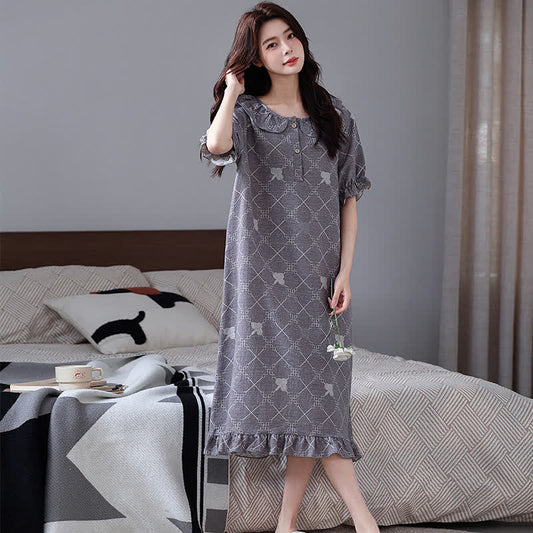 Check Pattern Cotton Gauze Jacquard Nightdress - Grey - L - image 0