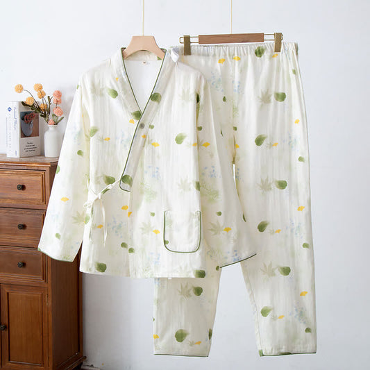 Leaf Print Cotton Gauze Kimono Adjustable Pajama Set - XXL - image 0