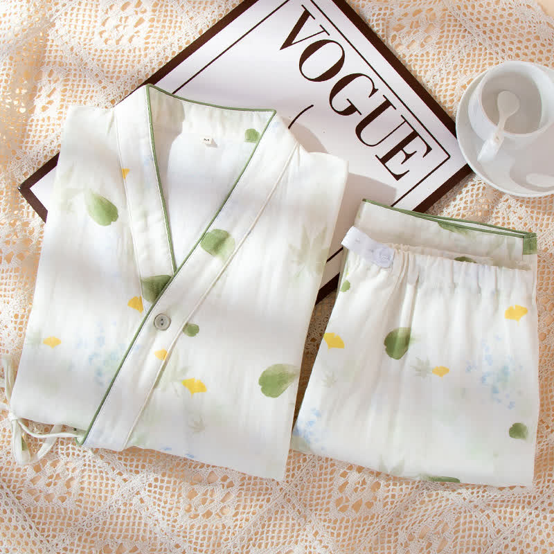 Leaf Print Cotton Gauze Kimono Adjustable Pajama Set - image 2