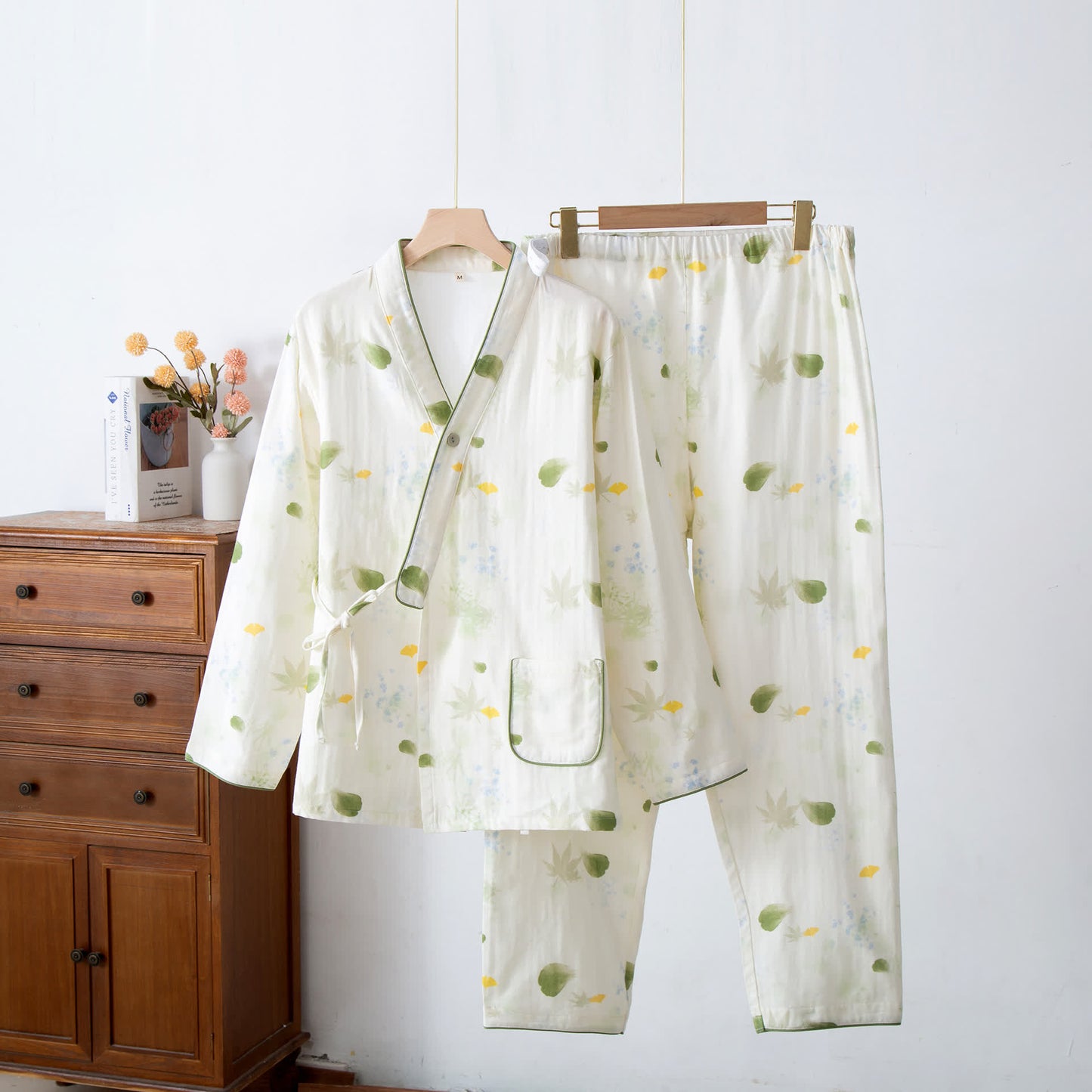 Leaf Print Cotton Gauze Kimono Adjustable Pajama Set - image 1