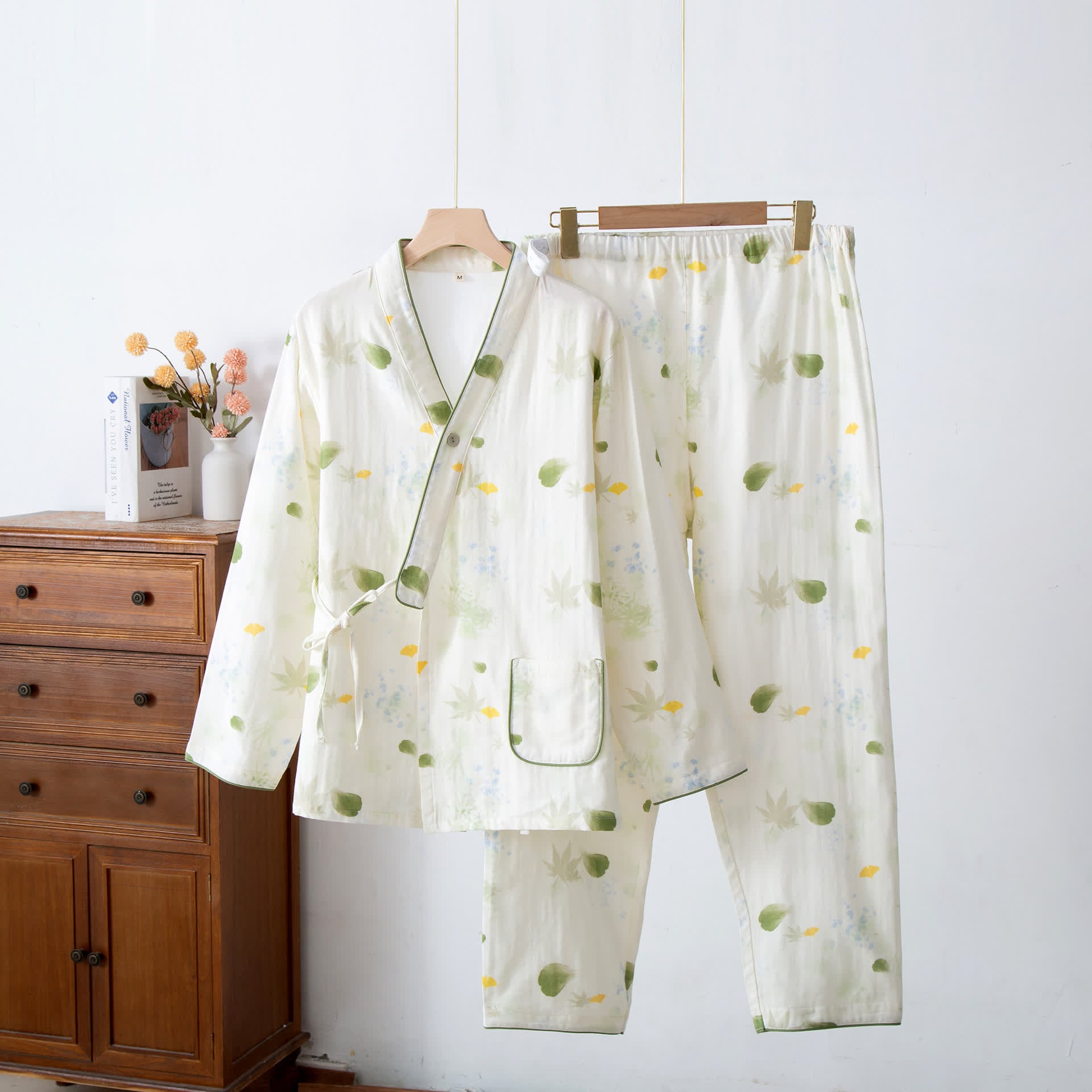 Leaf Print Cotton Gauze Kimono Adjustable Pajama Set - image 1
