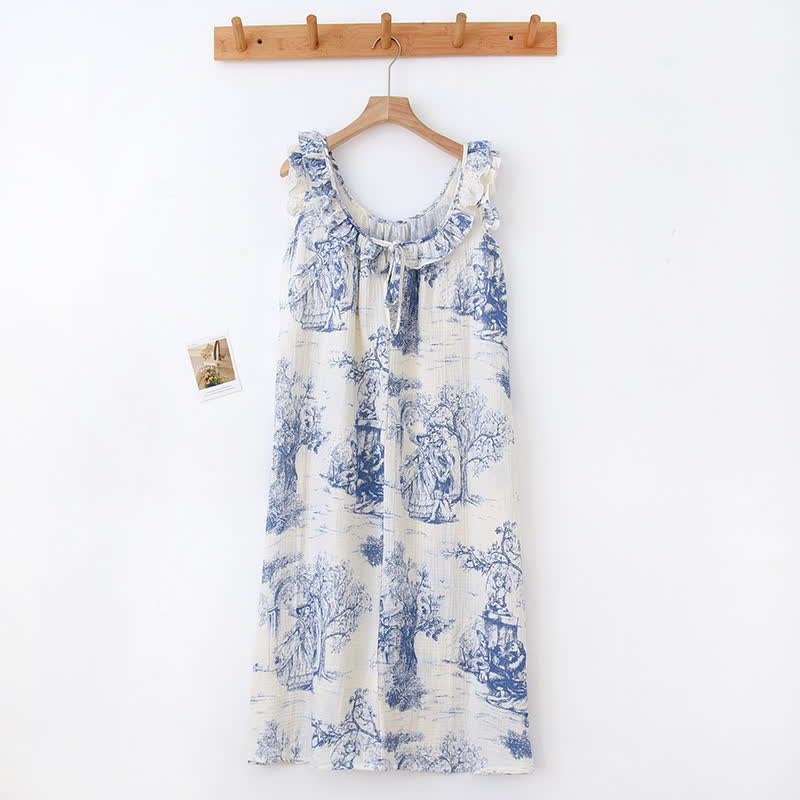 Vintage Landscape Print Cotton Gauze Ruffle Camisole Nightwear - Blue - Nightdress - XL - image 4