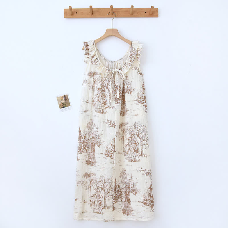 Vintage Landscape Print Cotton Gauze Ruffle Camisole Nightwear - Pink - Nightdress - XL - image 2