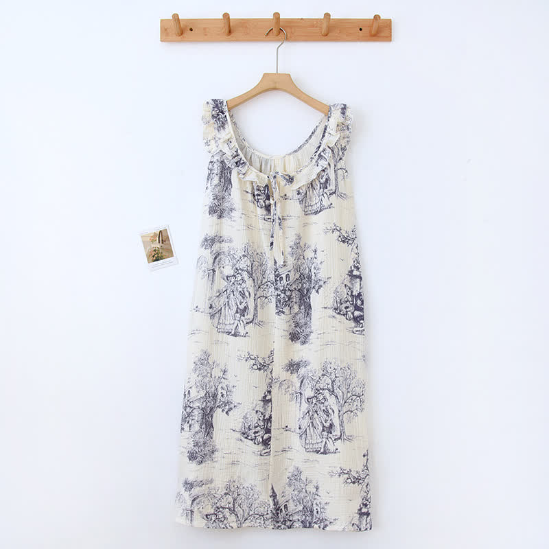 Vintage Landscape Print Cotton Gauze Ruffle Camisole Nightwear - Purple - Nightdress - XL - image 8