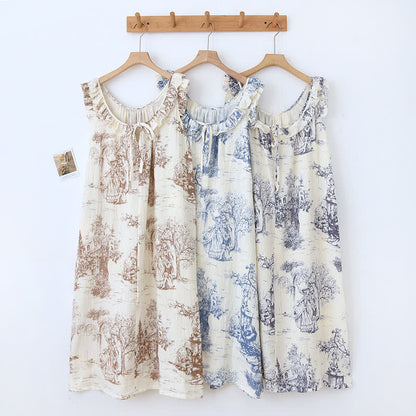 Vintage Landscape Print Cotton Gauze Ruffle Camisole Nightwear - image 1