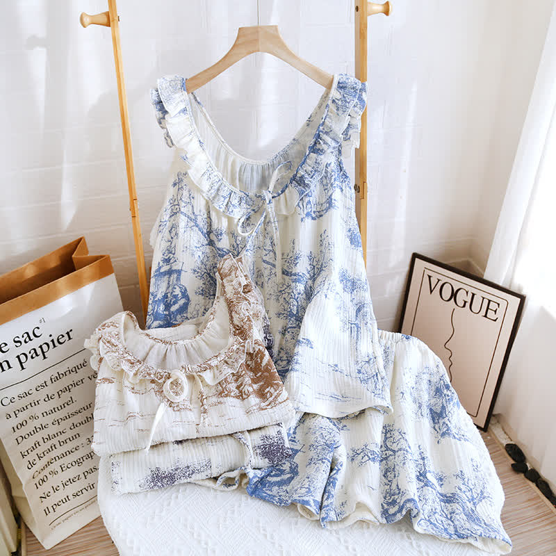 Vintage Landscape Print Cotton Gauze Ruffle Camisole Nightwear - image 2