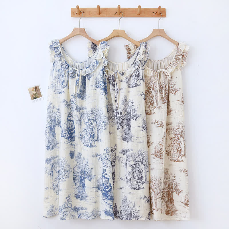 Vintage Landscape Print Cotton Gauze Ruffle Camisole Nightwear - image 0