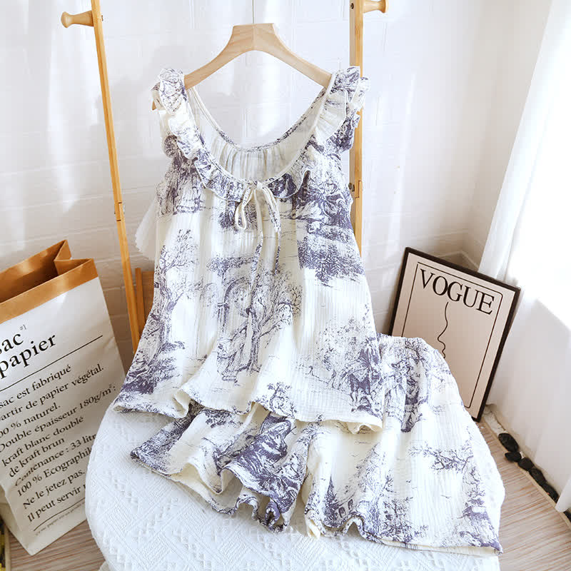 Vintage Landscape Print Cotton Gauze Ruffle Camisole Nightwear - Purple - Pajama Set - XL - image 1