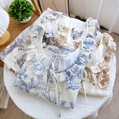 Vintage Landscape Print Cotton Gauze Ruffle Camisole Nightwear - image 3