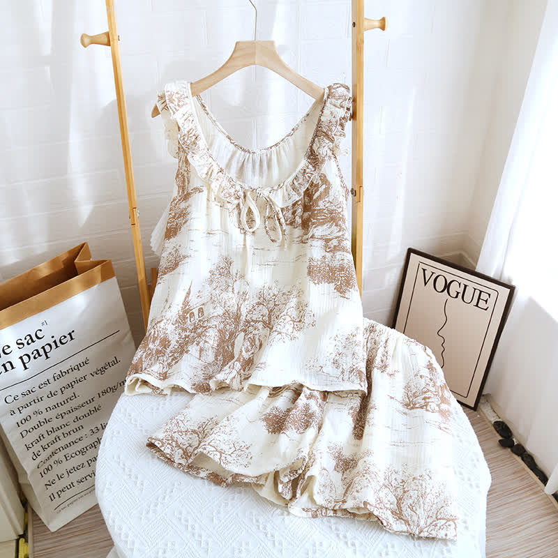 Vintage Landscape Print Cotton Gauze Ruffle Camisole Nightwear - Pink - Pajama Set - XL - image 11