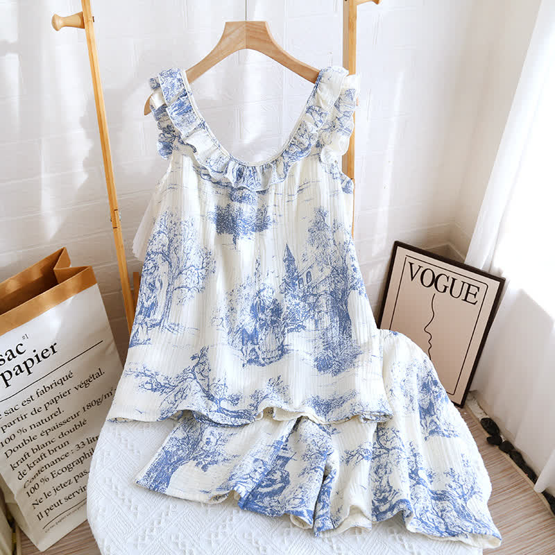 Vintage Landscape Print Cotton Gauze Ruffle Camisole Nightwear - image 6