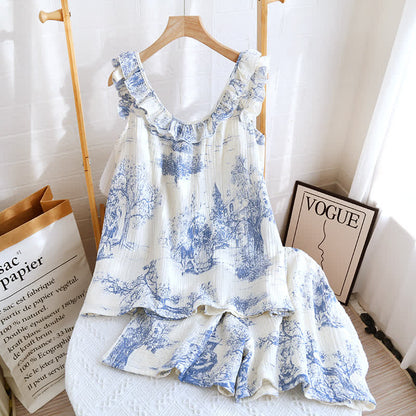 Vintage Landscape Print Cotton Gauze Ruffle Camisole Nightwear - image 6