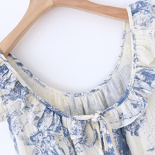 Vintage Landscape Print Cotton Gauze Ruffle Camisole Nightwear - image 7