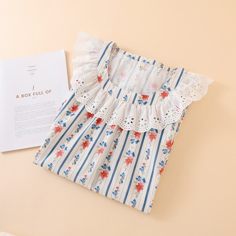 Striped Floral Cotton Gauze Sleeveless Nightdress - image 1