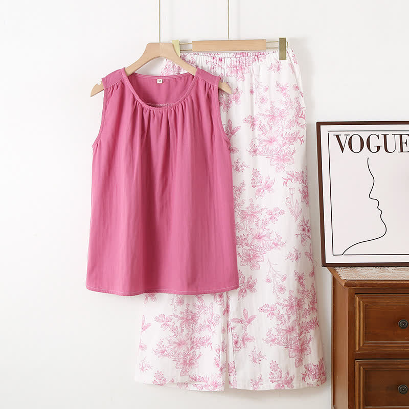 Elegant Floral Cotton Double-layer Gauze Loungewear Set - Dark Pink - XL - image 11