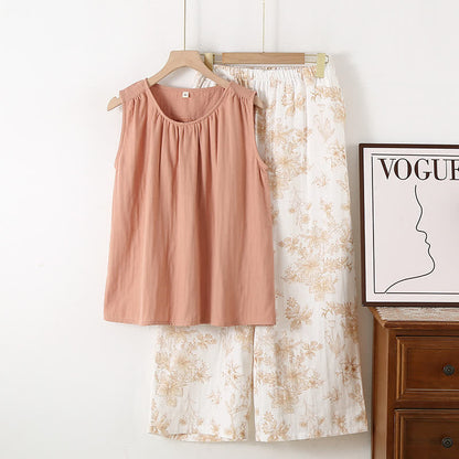 Elegant Floral Cotton Double-layer Gauze Loungewear Set - Coffee - XL - image 2