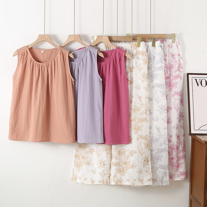 Elegant Floral Cotton Double-layer Gauze Loungewear Set - image 0