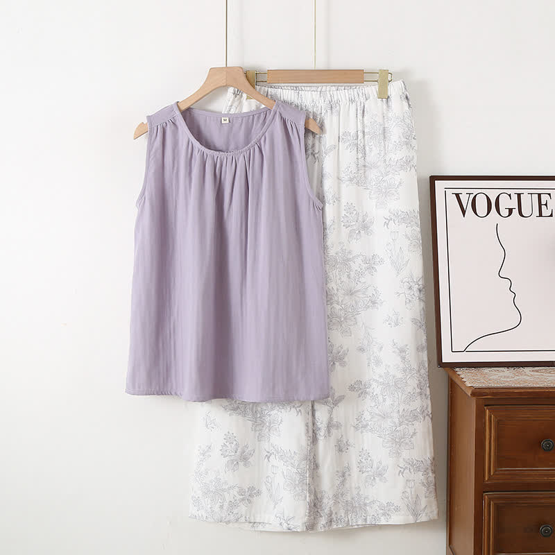 Elegant Floral Cotton Double-layer Gauze Loungewear Set - Light Purple - XL - image 10