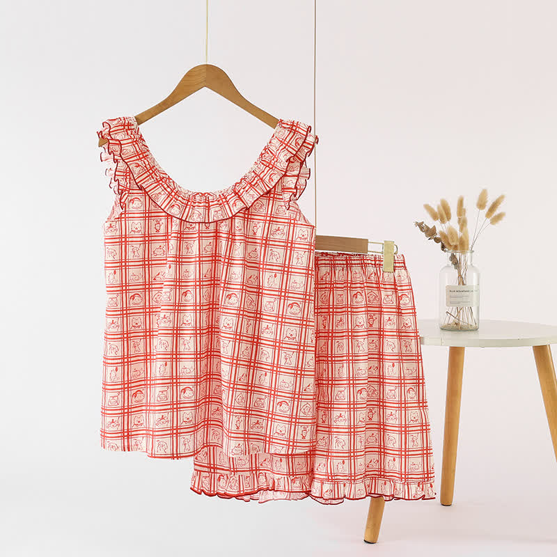 Sweet Diamond Pattern Cotton Gauze Camisole Nightwear - Pajama Set - XL - image 5